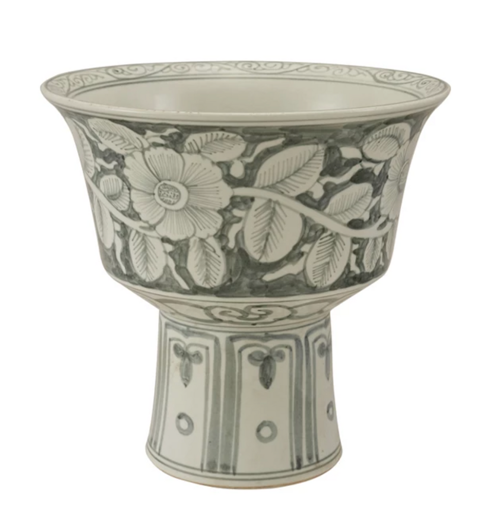 HAND-PAINTED STONEWARE FOOTED PLANTER WITH FLORAL DESIGN - IN STORE PICK UP ONLY!