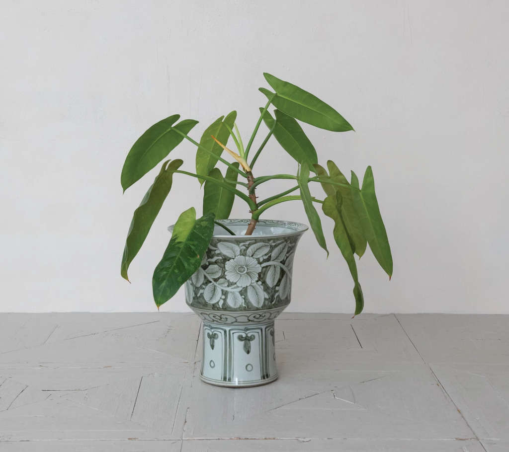 HAND-PAINTED STONEWARE FOOTED PLANTER WITH FLORAL DESIGN - IN STORE PICK UP ONLY!