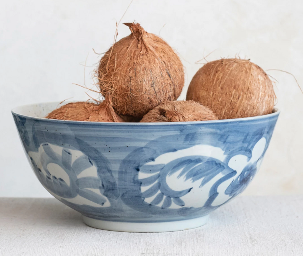 HAND-PAINTED STONEWARE BOWL - BLUE AND WHITE - IN STORE PICK UP ONLY!