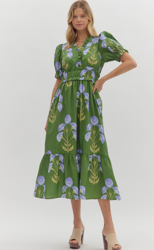 FLORAL PRINT MIDI DRESS - GREEN