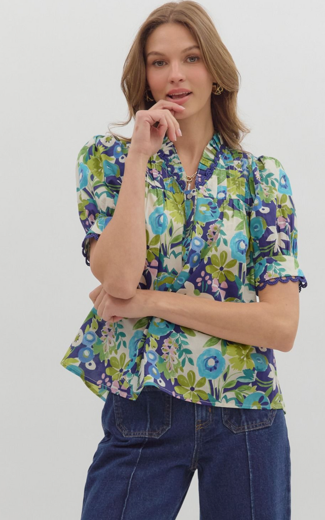 PUFF SLEEVE FLORAL PRINT TOP - NAVY