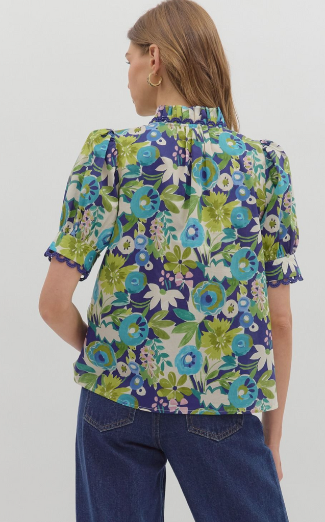 PUFF SLEEVE FLORAL PRINT TOP - NAVY