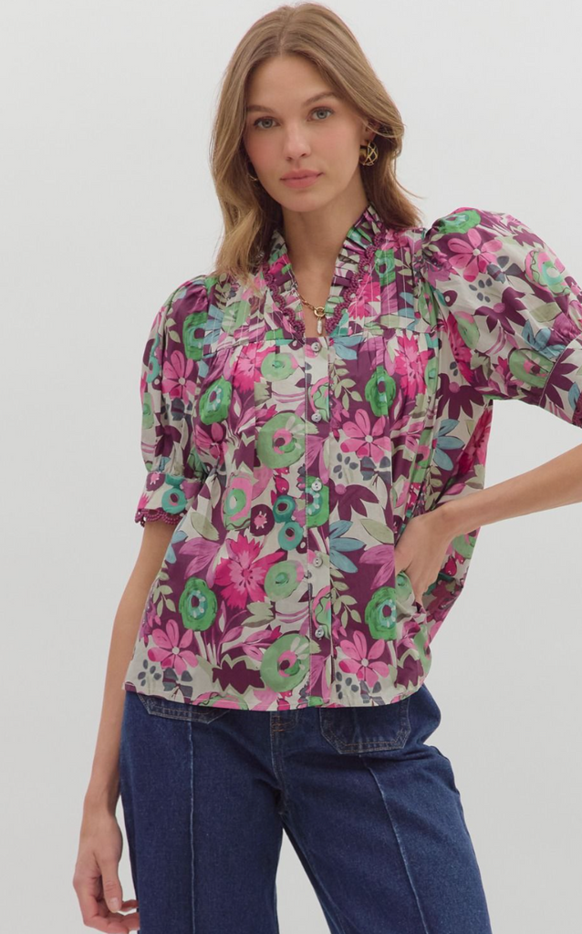 PUFF SLEEVE FLORAL PRINT TOP - PLUM