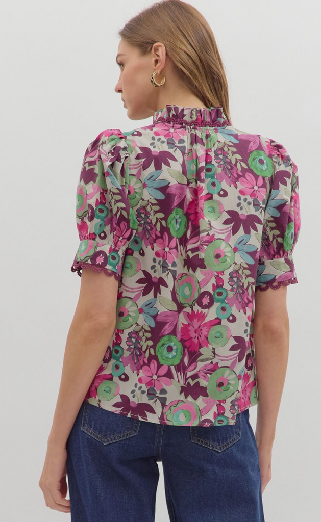 PUFF SLEEVE FLORAL PRINT TOP - PLUM