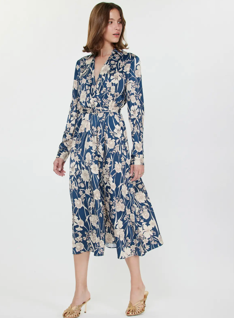 FLORAL PRINTED MIDI WRAP DRESS - NAVY MULTI