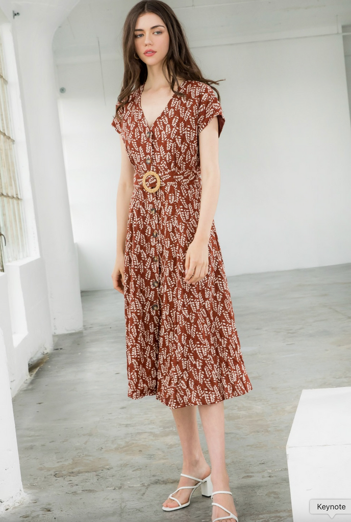 SHORT SLEEVE BUTTON DOWN DRESS - RUST