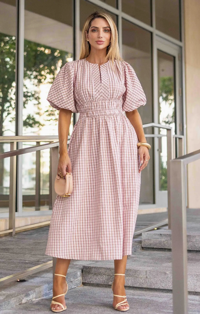 CHECKERED ELASTIC WAIST PUFF SLEEVE MIDI DRESS - BLUSH/CARAMEL