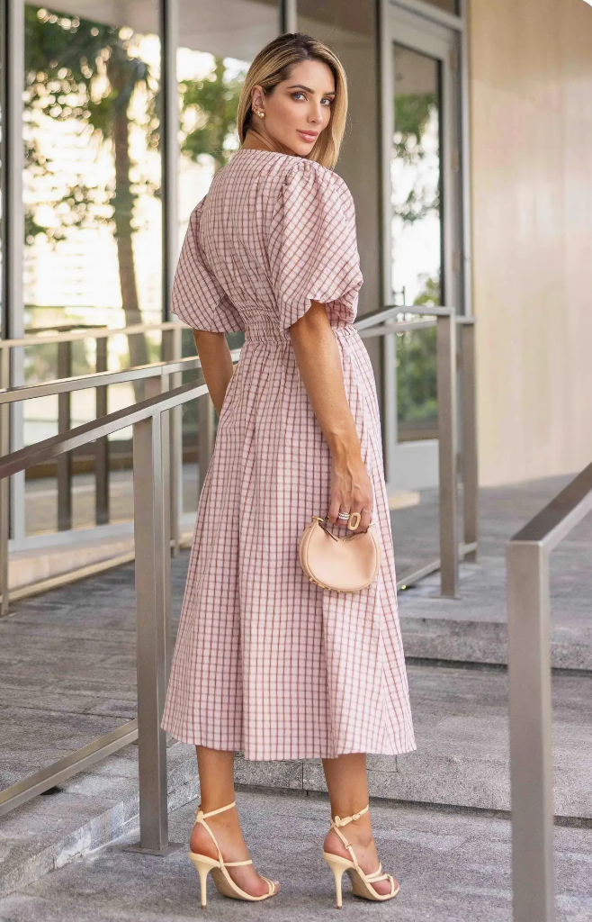 CHECKERED ELASTIC WAIST PUFF SLEEVE MIDI DRESS - BLUSH/CARAMEL
