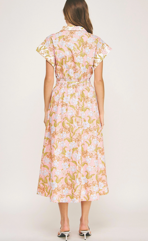 FLORAL PRINT SHIRT MIDI DRESS - PINK MULTI