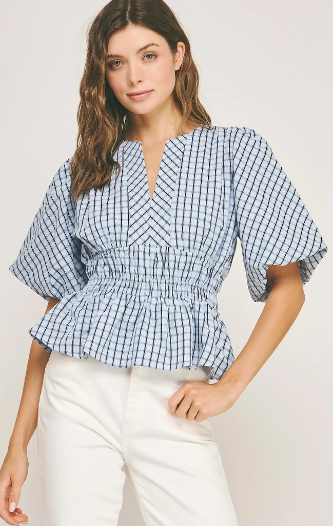 CHECKERED PUFF SLEEVE BLOUSE - CHAMBRAY