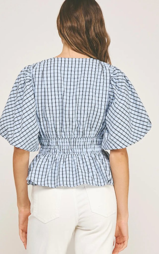 CHECKERED PUFF SLEEVE BLOUSE - CHAMBRAY