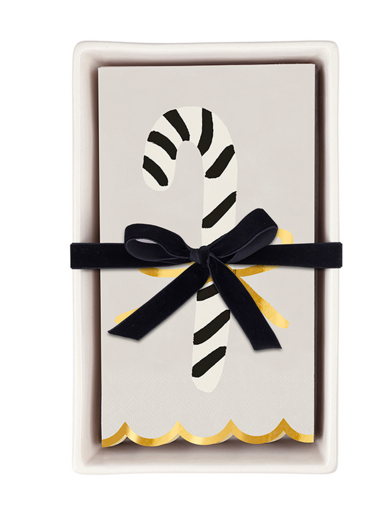 CERAMIC NAPKIN TRAY WITH NAPKINS-CANDY CANE