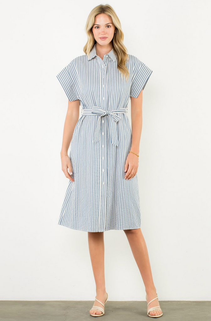 BUTTON UP SHIRT DRESS WITH BELT - BLUE