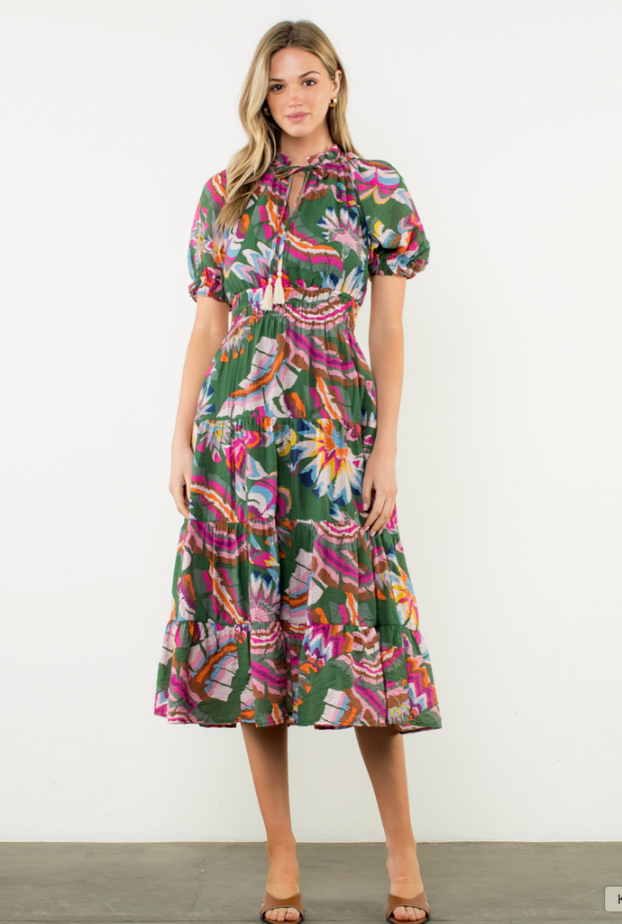PUFF SLEEVE PRINT TIERED MAXI DRESS - GREEN