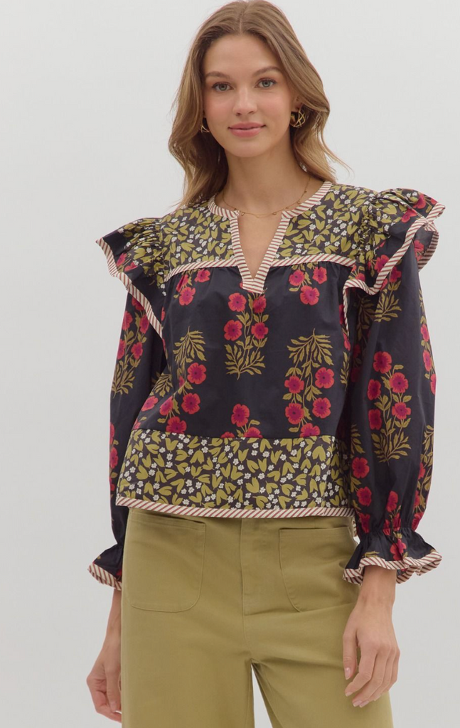 LONG SLEEVE PRINT TOP - BLACK