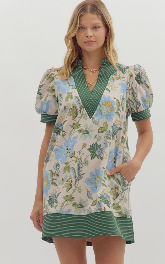 PUFF SLEEVE PRINT DRESS - ECRU