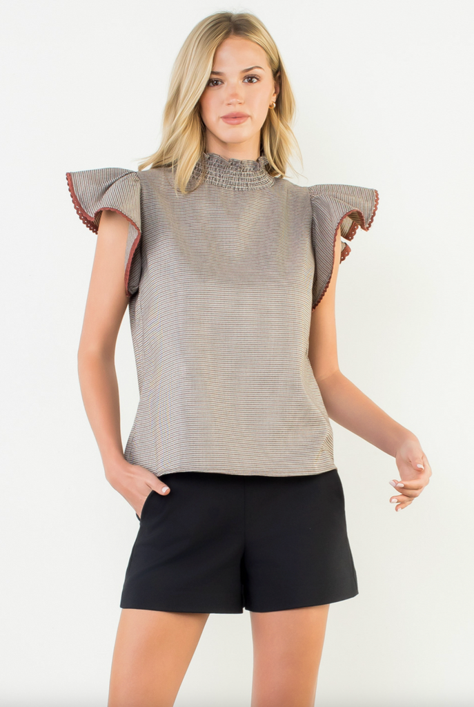 FLUTTER SLEEVE HOUNDSTOOTH TOP - BEIGE