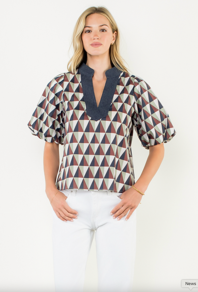 VNECK PRINT TOP - NAVY