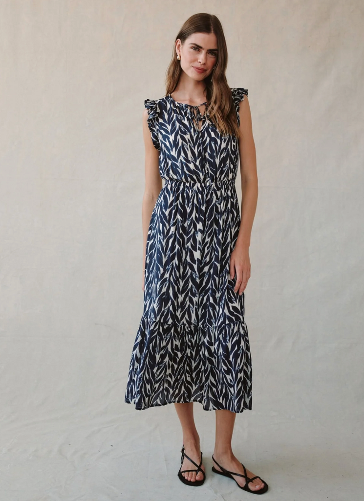 BELLA DAHL RUFFLE MIDI DRESS - NAVY LEAVES