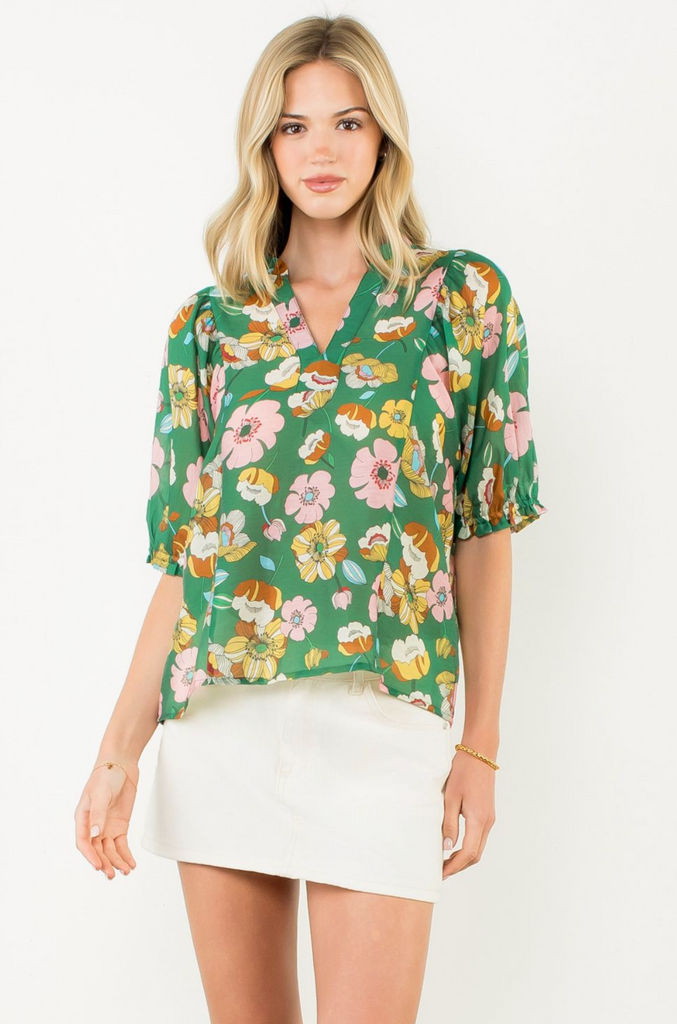 SHORT SLEEVE FLORAL TOP - GREEN