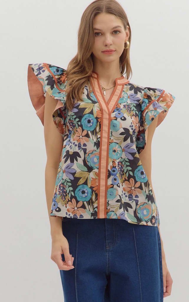 FLUTTER SLEEVE PRINT TOP - CINNAMON