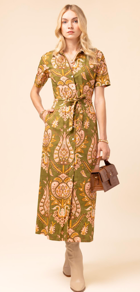 ALLISON MIDI DRESS - MERCER HOUSE DAMASK OLIVE
