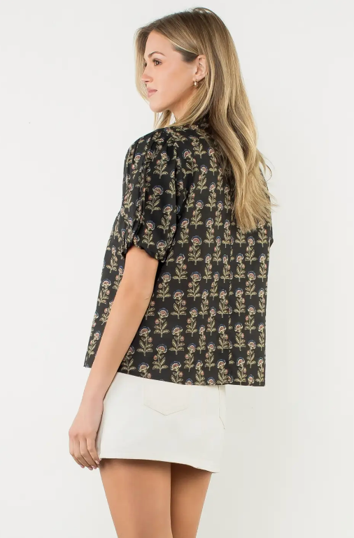 PUFF SLEEVE FLORAL PRINT VNECK TOP - BLACK