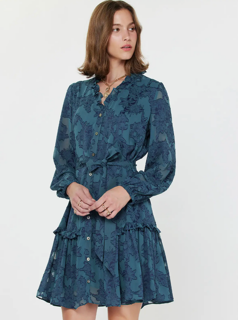 JACQUARD BUTTON FRONT MINI DRESS - TEAL/NAVY
