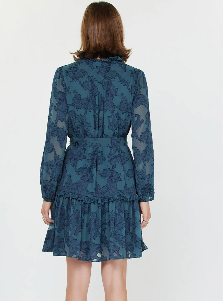 JACQUARD BUTTON FRONT MINI DRESS - TEAL/NAVY