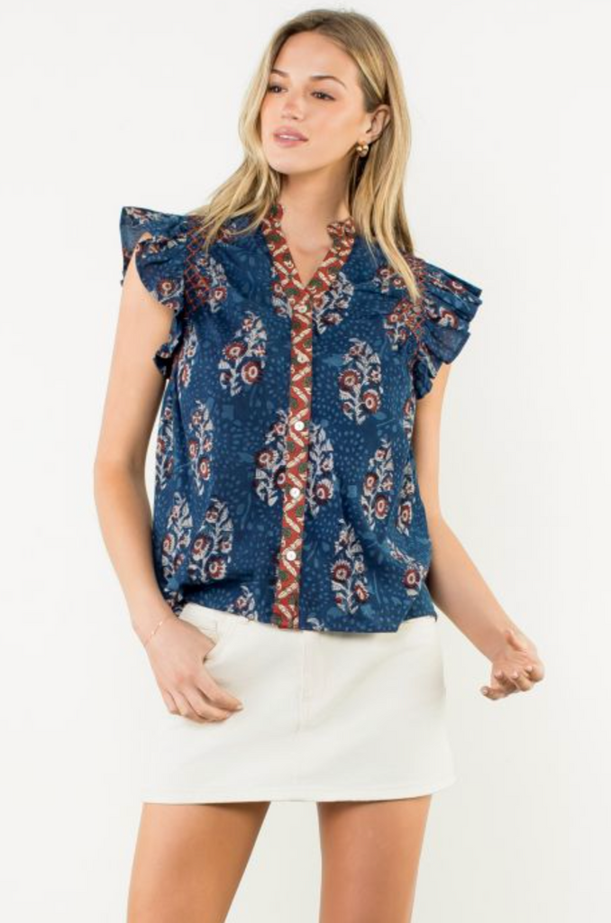 FLUTTER SLEEVE FLORAL PRINT TOP - NAVY