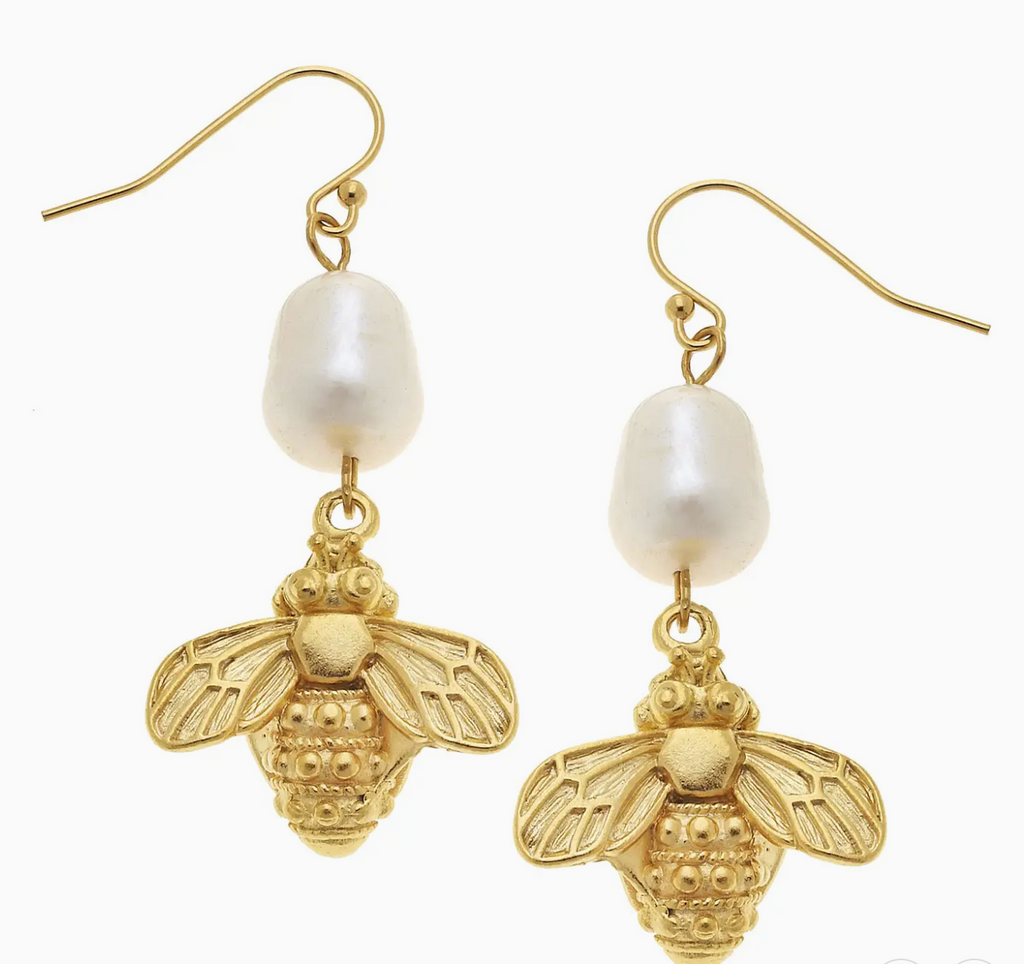 GOLD BEE AND GENUINE FRESHWATER PEARL EARRINGS