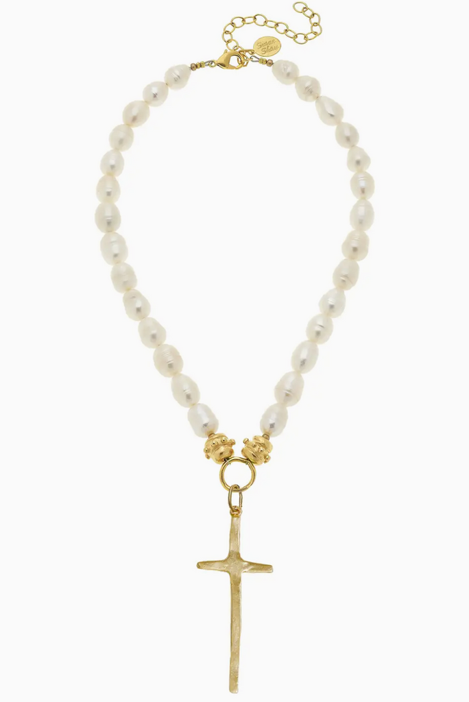 ELONGATED CROSS PEARL NECKLACE