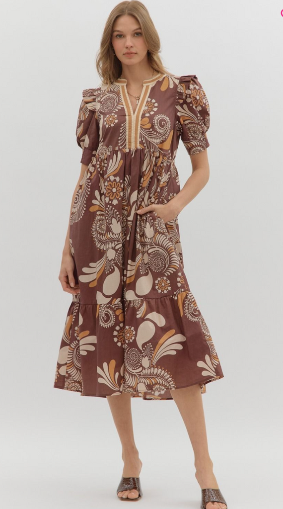 PAISLEY PATTERN MIDI DRESS - BROWN