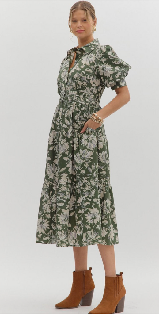 FLORAL PATTERN MIDI DRESS - OLIVE