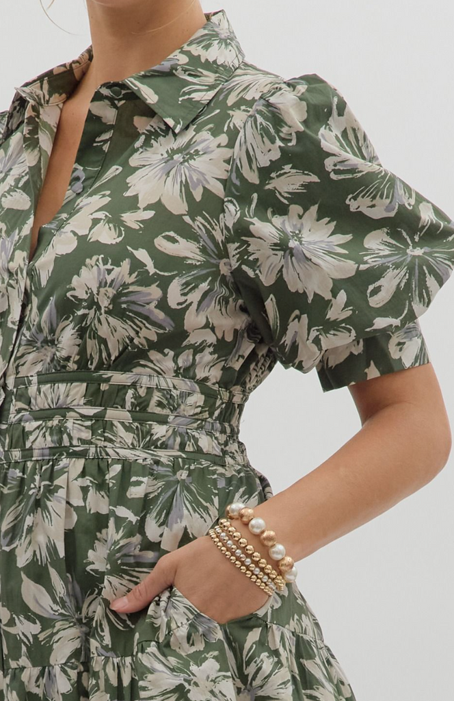FLORAL PATTERN MIDI DRESS - OLIVE