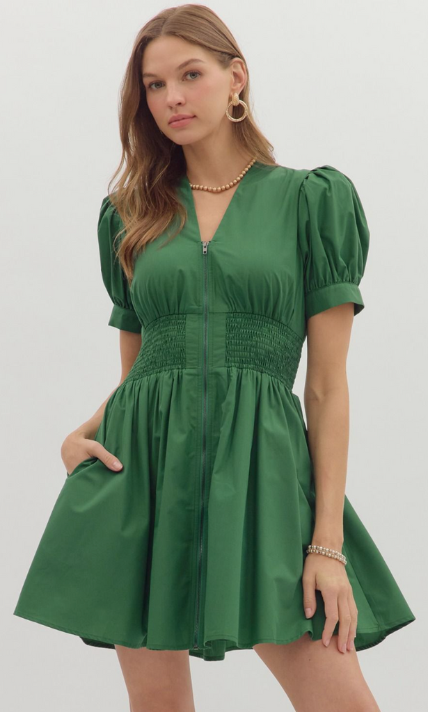 SOLID V-NECK MINI DRESS - HUNTER GREEN