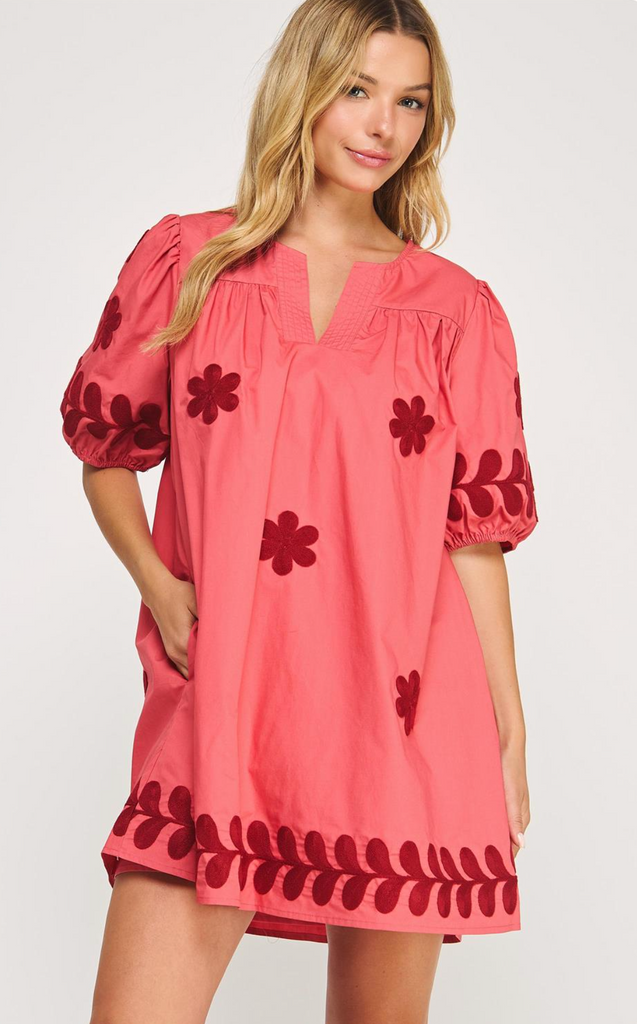 FLOWER EMBROIDERY COTTON MINI DRESS - MAUVE/BURGUNDY