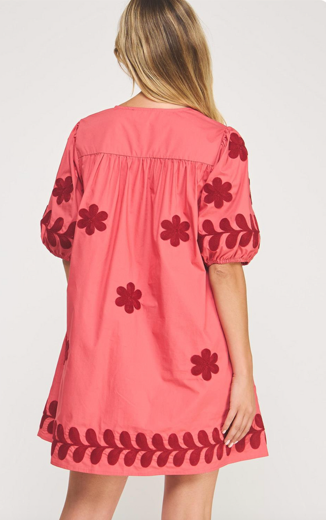 FLOWER EMBROIDERY COTTON MINI DRESS - MAUVE/BURGUNDY