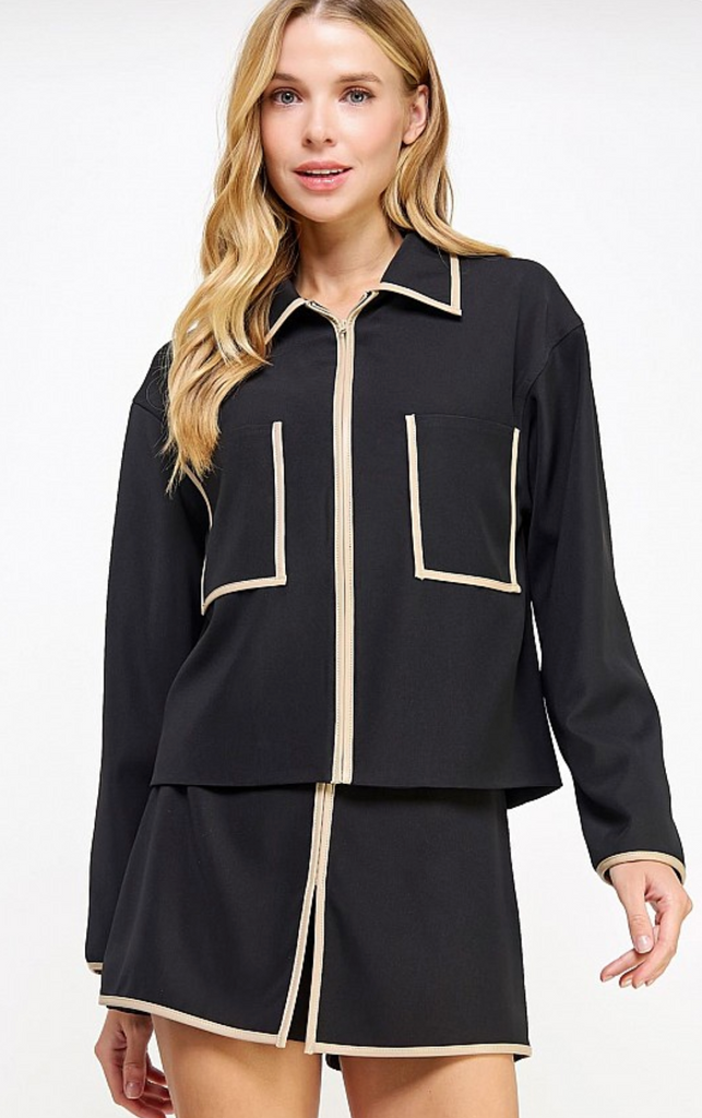 FAUX LEATHER PIPING DETAIL JACKET - BLACK/TAUPE