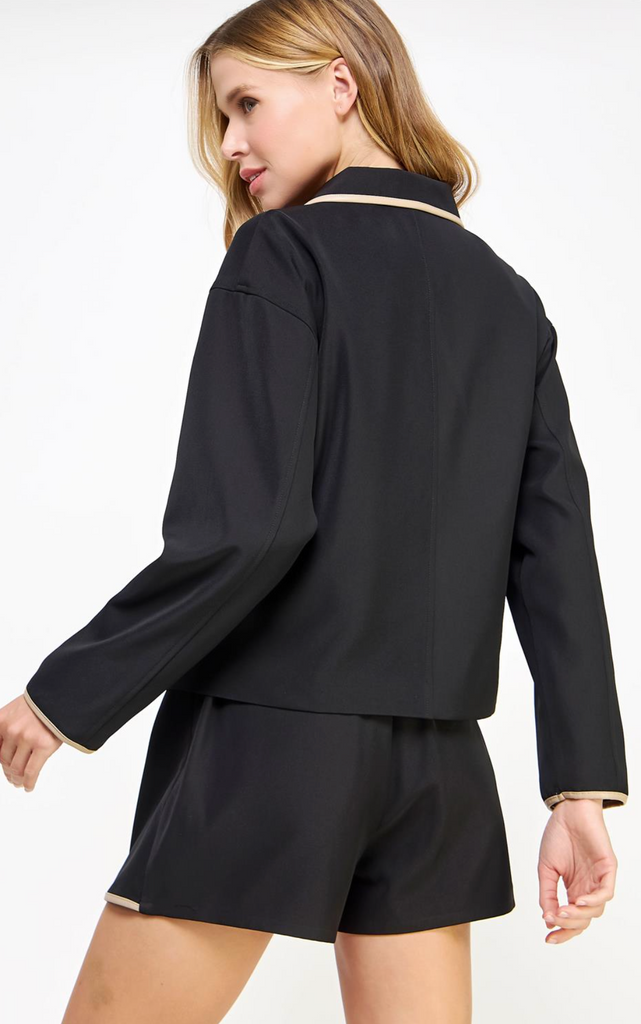 FAUX LEATHER PIPING DETAIL JACKET - BLACK/TAUPE