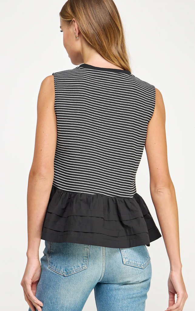 STRIPED KNIT CONTRAST RUFFLE TOP - BLACK