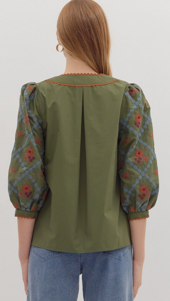 EMBROIDERED SLEEVE TOP - OLIVE