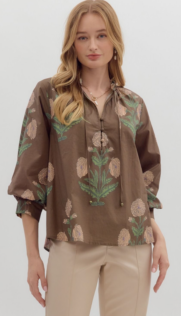 FLORAL BUBBLE SLEEVE TOP - BROWN