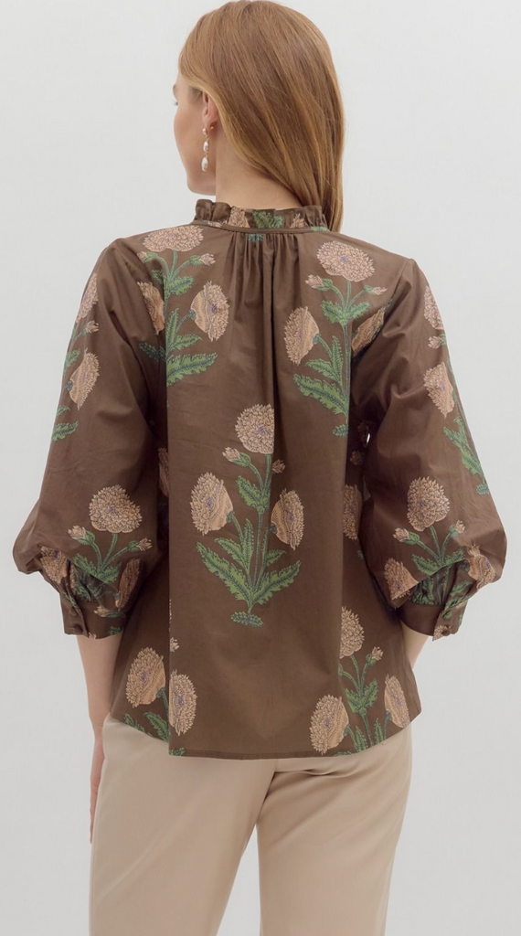 FLORAL BUBBLE SLEEVE TOP - BROWN