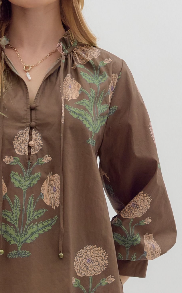 FLORAL BUBBLE SLEEVE TOP - BROWN