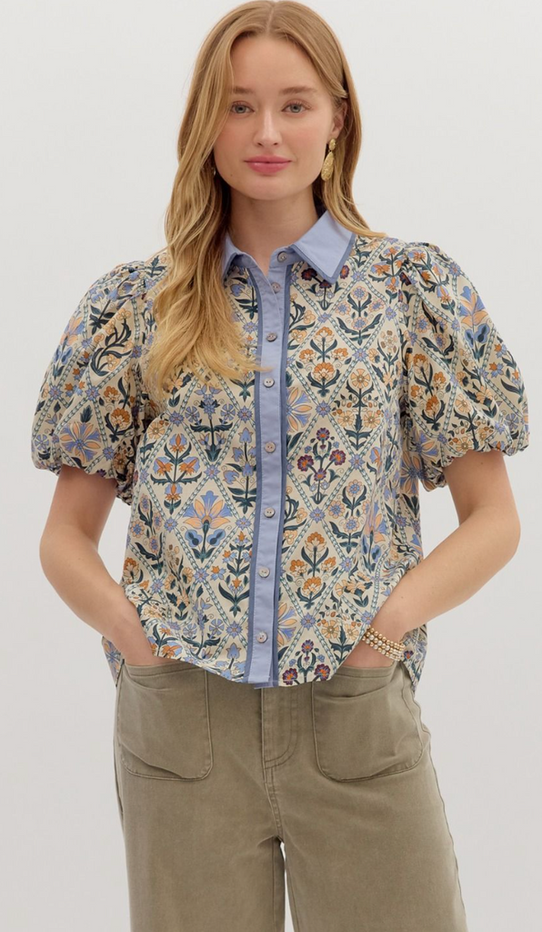 FLORAL BUBBLE SLEEVE TOP - BLUE MULTI