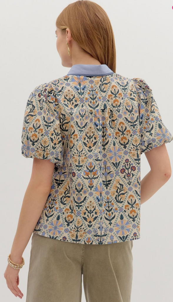 FLORAL BUBBLE SLEEVE TOP - BLUE MULTI