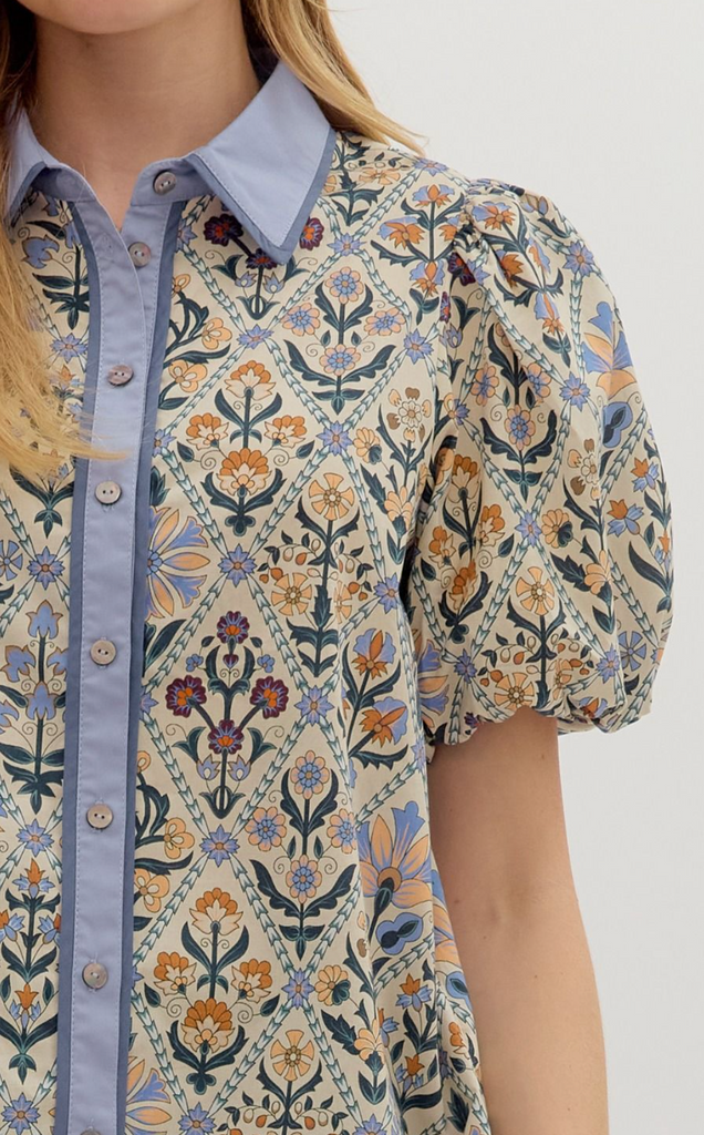 FLORAL BUBBLE SLEEVE TOP - BLUE MULTI