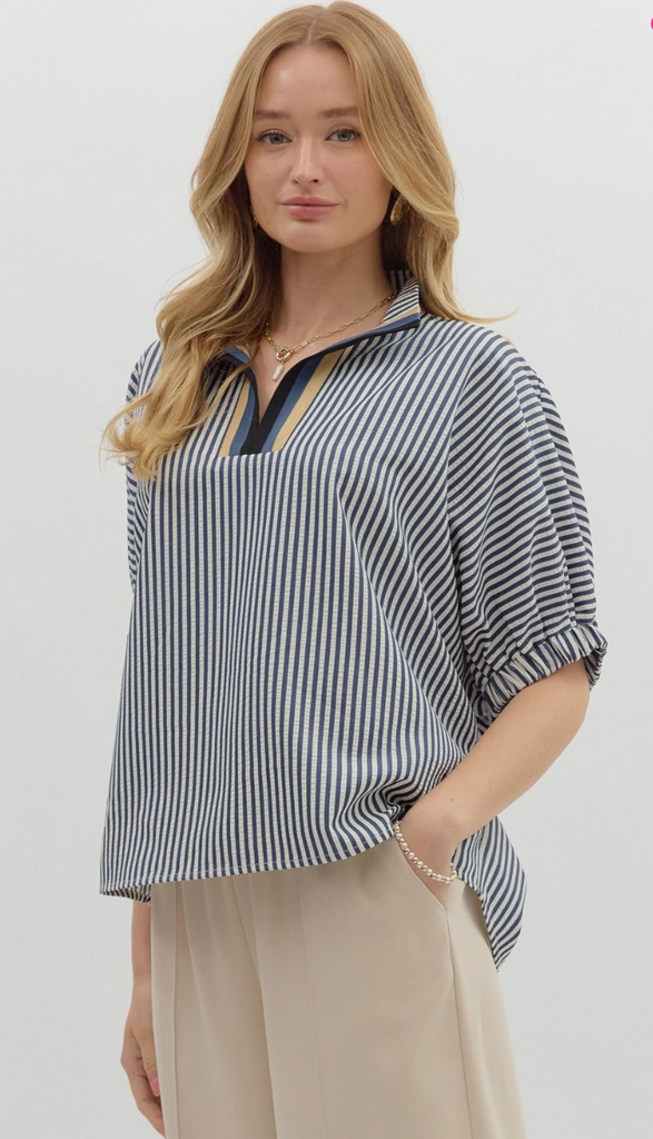 STRIPE DOLMAN SLEEVE TOP - NAVY