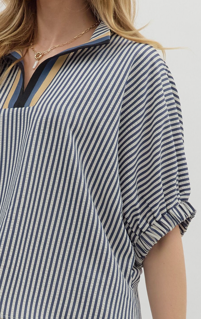 STRIPE DOLMAN SLEEVE TOP - NAVY